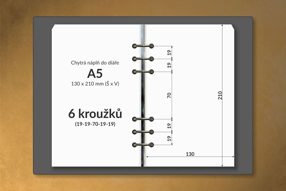 Pro desky se 6 kroužky - rozteče 19 – 19 – 70 – 19 – 19 mm