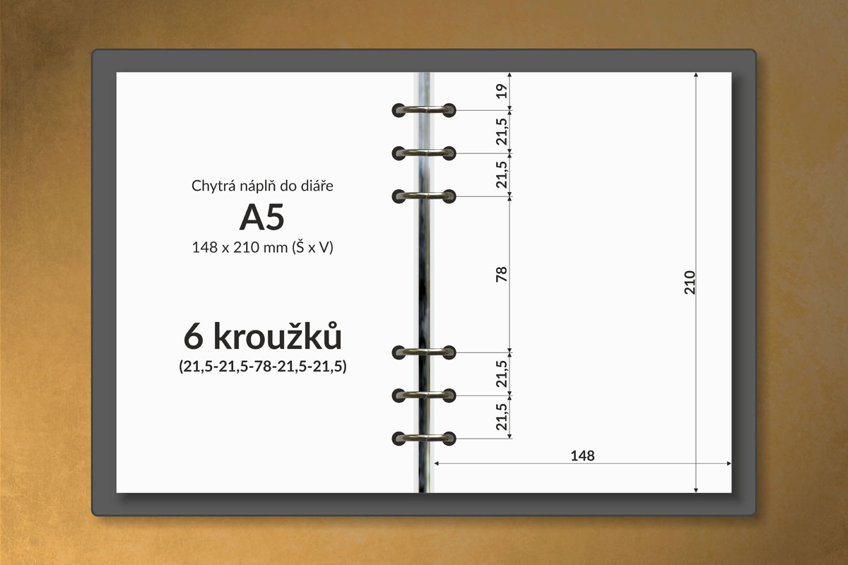 Pro desky se 6 kroužky – rozteče 21,5 – 21,5 – 78 – 21,5 – 21,5 mm